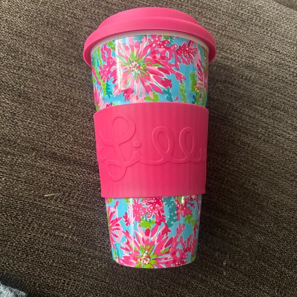 Lilly Pulitzer Pink Green Floral Ceramic Travel Mug Tumbler Cup Silicone Sleeve - Picture 8 of 8